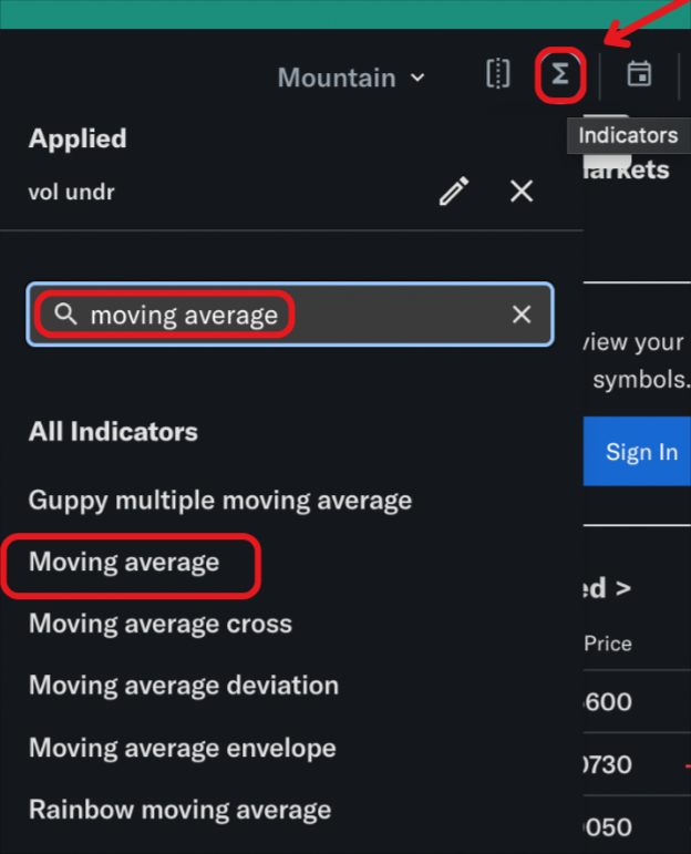 Screenshot de como adicionar medias moveis no grafico do Yahoo Finance