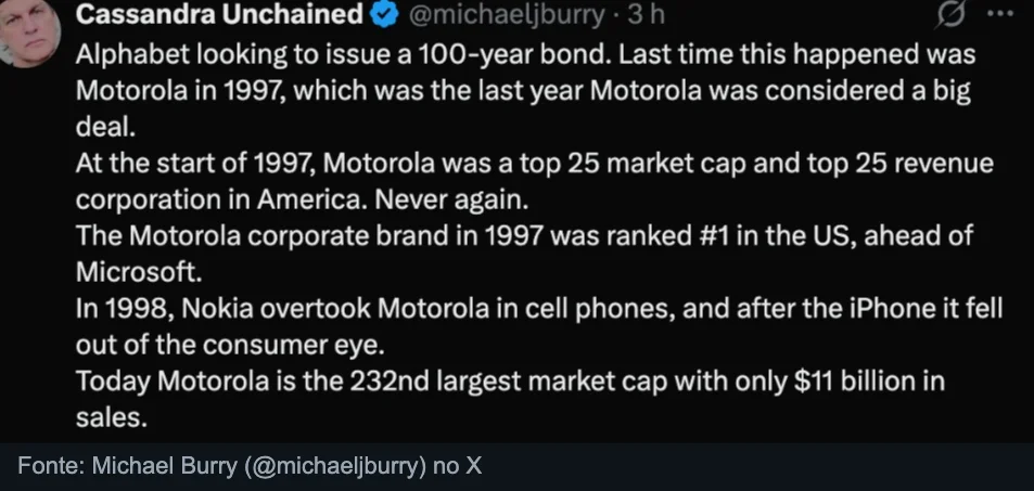 Tweet de Michael Burry sobre a Alphabet e a Motorola