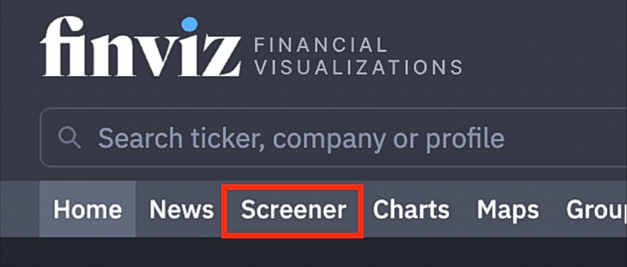 Screenshot do Finviz com o separador Screener destacado