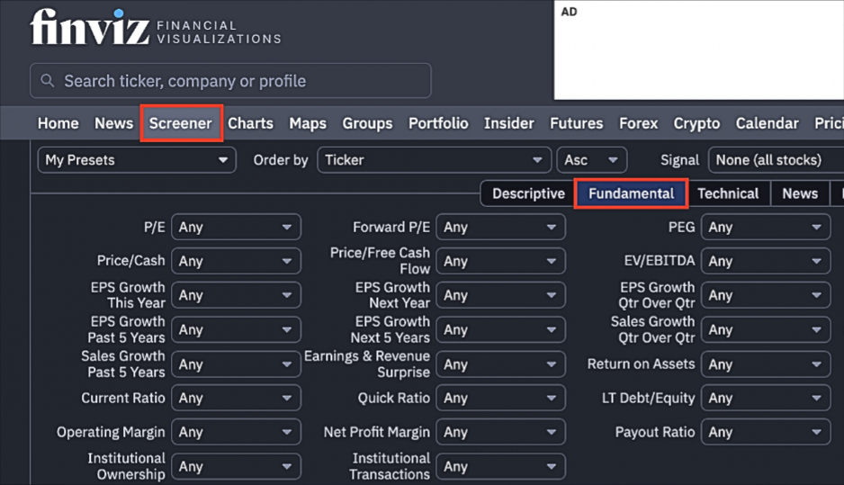 Screenshot do Finviz com o separador Fundamental selecionado