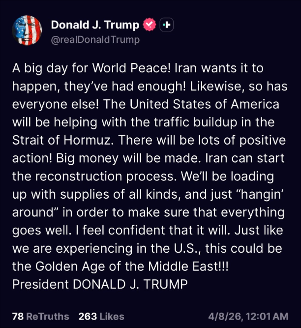 Screenshot da mensagem de Donald Trump sobre menor tensao no Medio Oriente